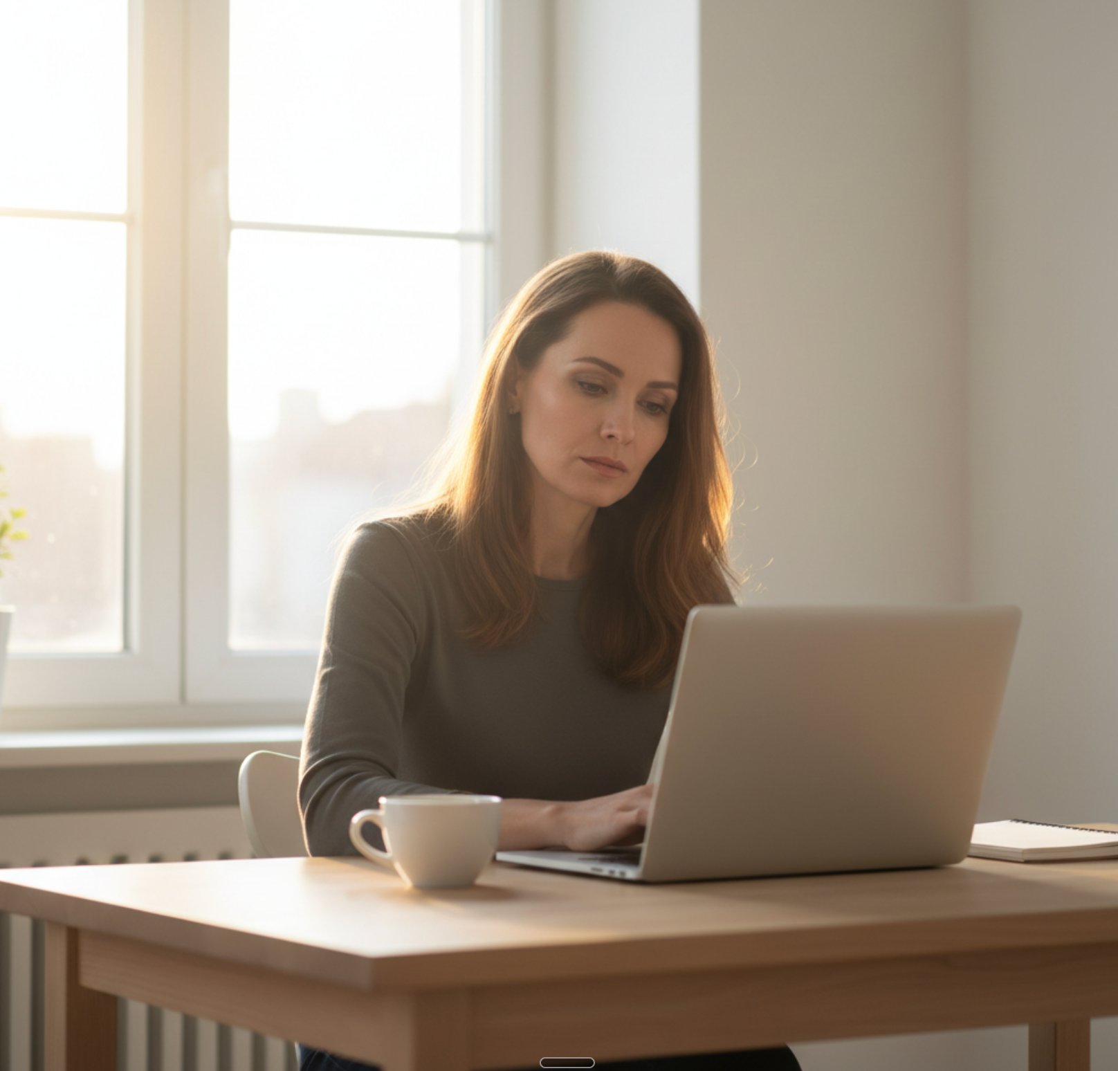 Mia Kaufmann, 43, Gesundheitsjournalistin – konzentriert am Laptop arbeitend