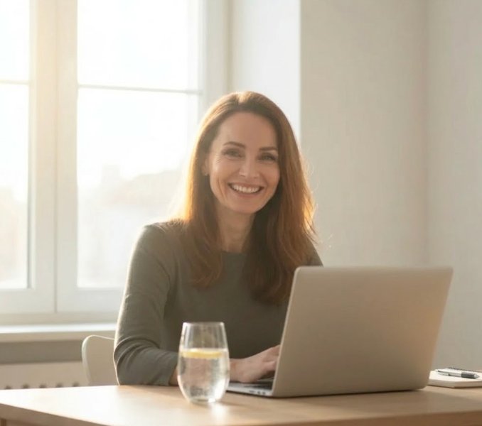 Mia Kaufmann an Tag 45 – konzentriert und lächelnd am Laptop